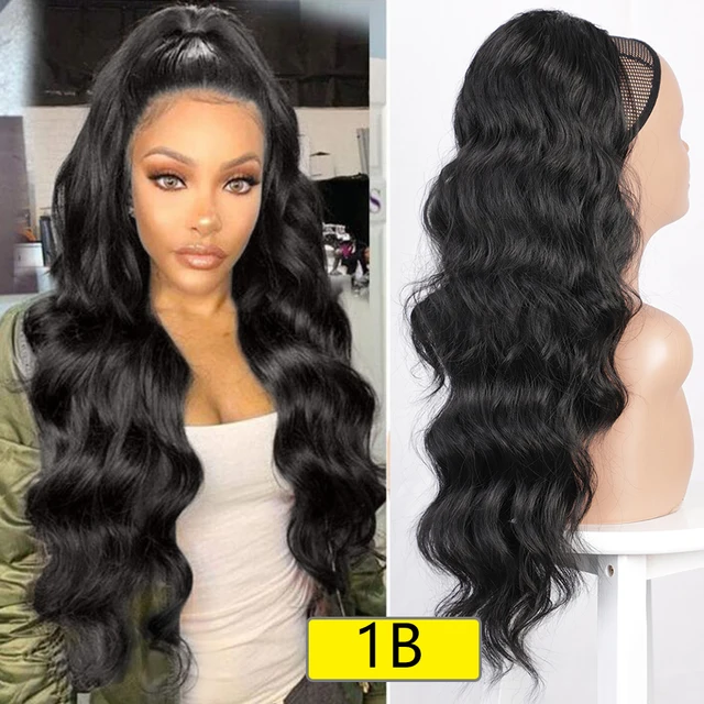 MONIXI Synthetic Long Wavy Ponytail Hair Synthetic Drawstring Ponytail Clip in Hairpiece Black Wave Ponytail for Black Women 1B