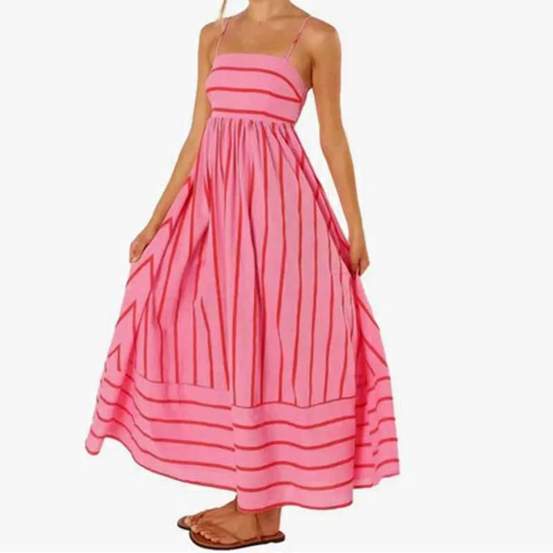 

Women Striped Sleeveless Maxi Dress Boho Beach Swing Cutout Midi Dress Backless Smocked Spaghetti Strap Flowy Long Sundress