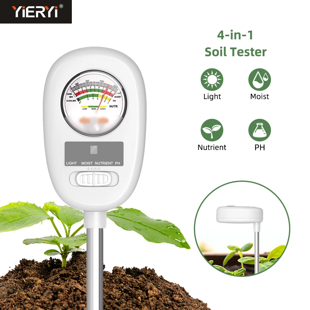 4-in-1 Soil pH Tester Moisture/Light/Nutrients/PH Meter Outdoor Humidity Detector for Potted Planted Gardening Farm No Battery