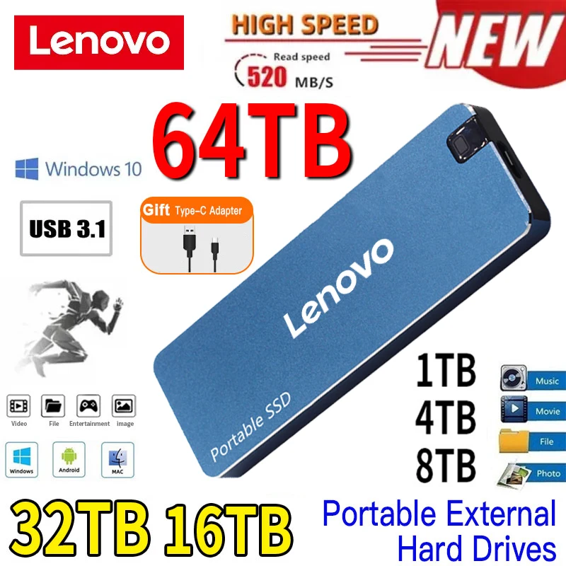 

Внешний жесткий диск Lenovo на 1 ТБ, портативный SSD, внешний твердотельный накопитель USB 3,1/Type C, высокоскоростной накопитель для ПК/Mac