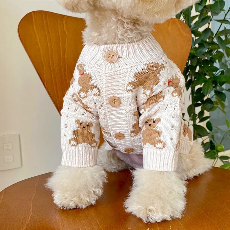 

Cardigan Open Button Knitted Dogs Puppy Sweater Schnauzer Cartoon Bear Clothes Pets Warm Winter Clothes Bichon Soft Teddy Puppy