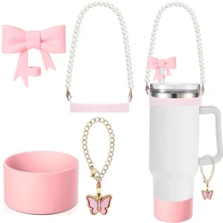 Ultimate Tumbler Accessory Set: Bow Straw Cover, Water Bottle Boot, and Charm Chain (Pink with Strap)