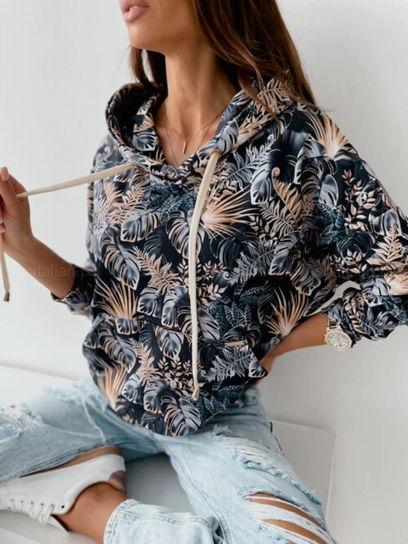 FashionPrinted Loose Bat Sleeve Long Sleeve Ladies Straight Casual Loose Hooded Sweater Pullover Sweatshirt Harajuku Korean Top