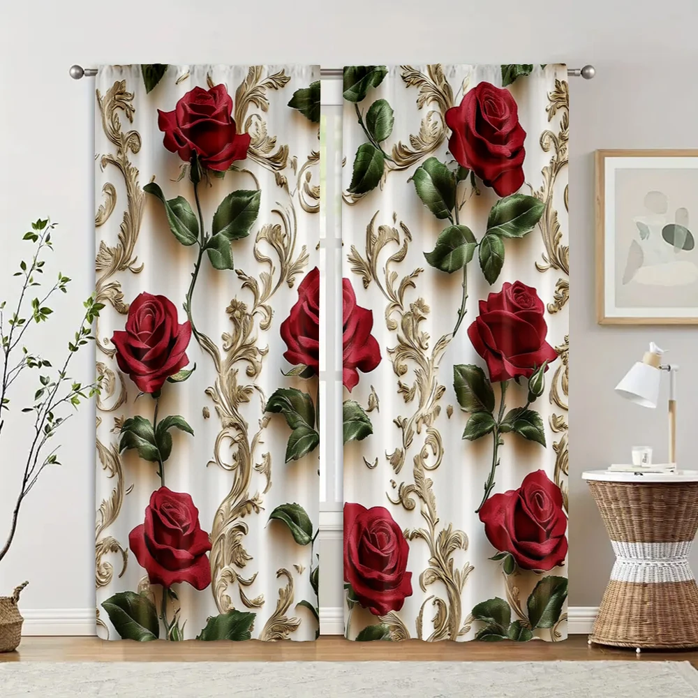 2pcs, Upscale Curtains 2D print Red Roses & Golden Floral Pattern Polyester Woven (without rod) All Seasons for Bedroom and 2