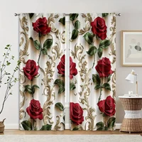 2pcs, Upscale Curtains 2D print Red Roses & Golden Floral Pattern Polyester Woven (without rod) All Seasons for Bedroom and 2