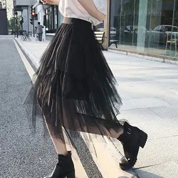 New Tulle Skirt Women Soild Color High Elastic Hight Waist Mesh Tutu Skirts Irregular Long Pleated Skirt Female Midi Skirts