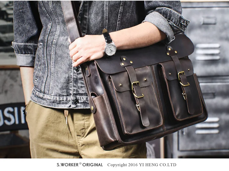 Vintage hochwertige Crazy Horse Rindsleder Herren große Aktentasche lässig Reise Luxus handgefertigte echtes Leder Laptop Handtasche – Detail 6