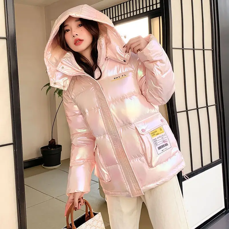 2023 New Women Down Cotton Coat Winter Jacket Female Short Glossy Parkas Loose Warm Outwear Hooded Fashion Versatile Overcoat