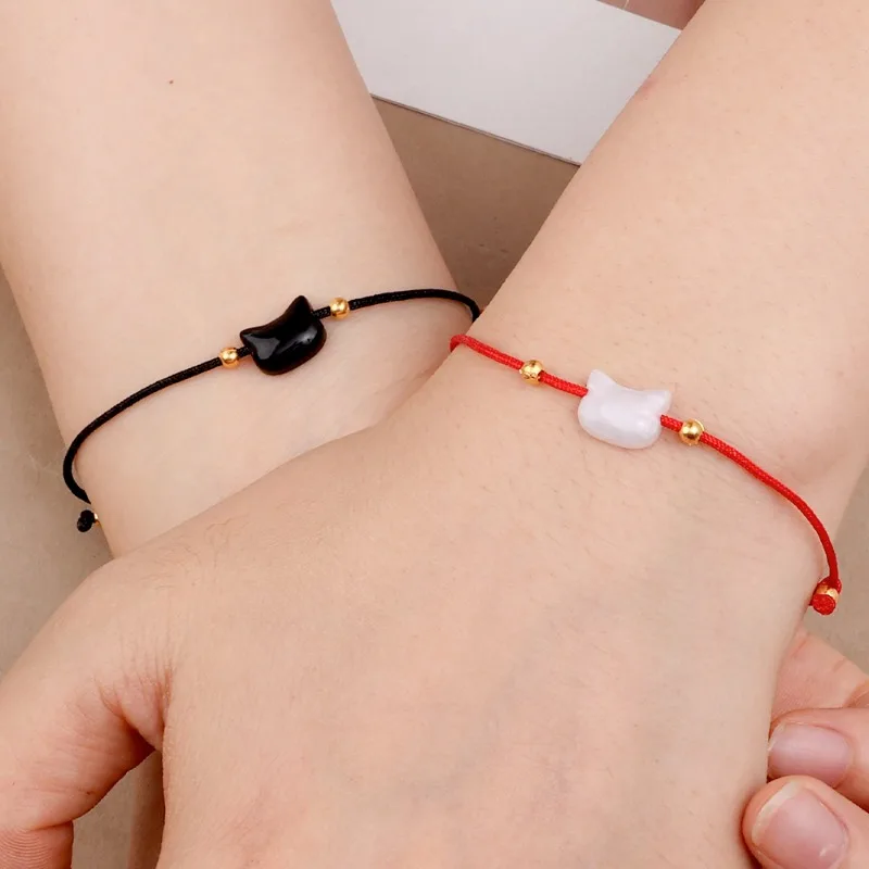 2pcs Cute Cat Beaded Couple Bracelet Hand Woven Adjustable Bangles Friendship Jewelry for Men Women Anniversary Gift Accessories