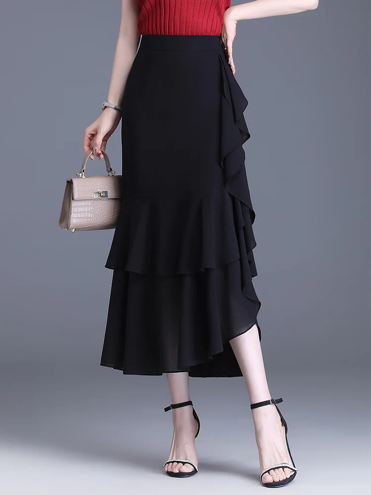 ZUZK Fashion Irregular Fishtail Chiffon Skirts Elegant High Waist Summer Luxury Party Skirt Female Ruffles Long Skirts 3