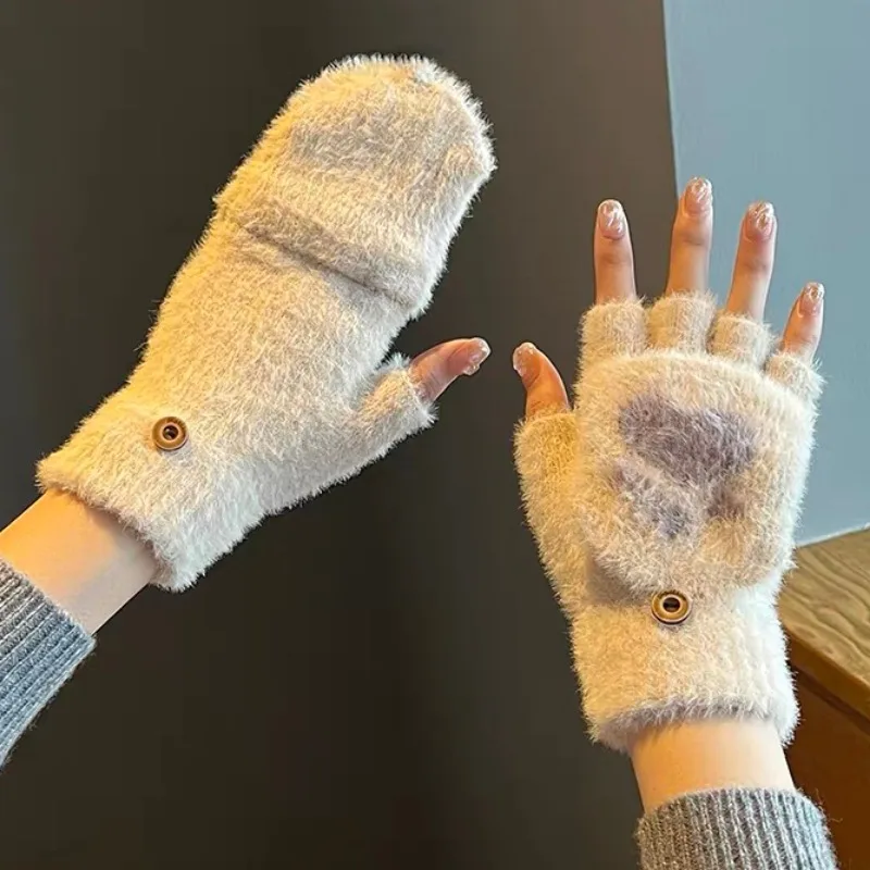 

Plush Cute Fingerless Gloves Women Girls Winter Thicken Warm Lovely Fluffy Bear Cat Plush Paw Claw Finger Gloves Mittens Gifts