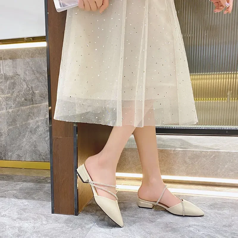 Crystals Leather Job Shoes for Women Pointed Toe Mules Woman