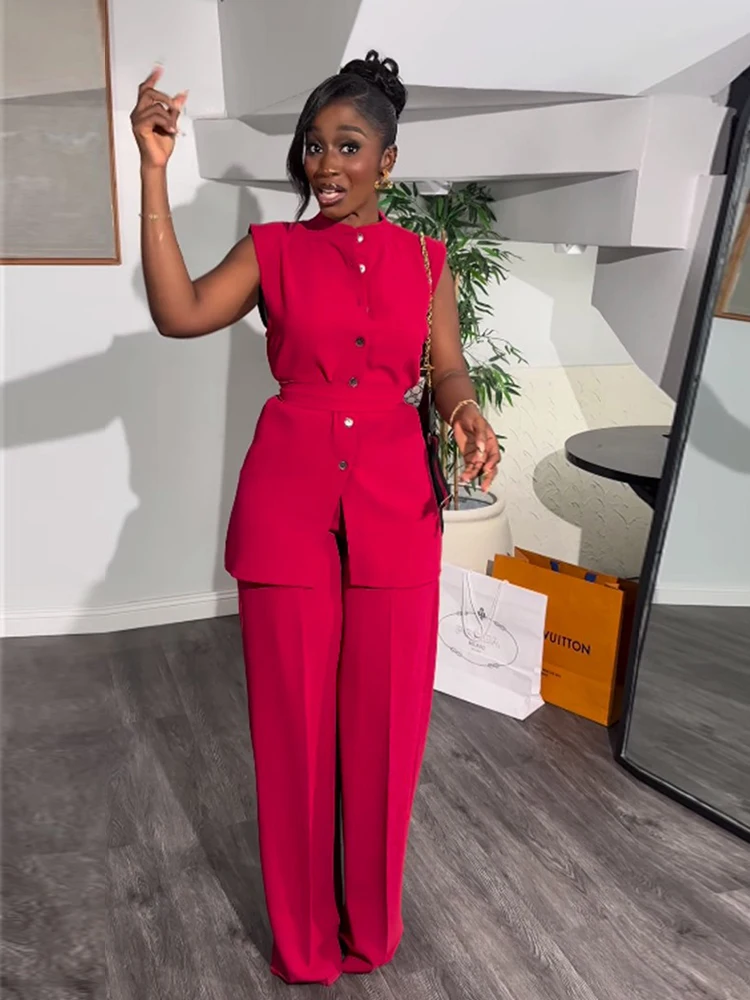 

Женский комплект из 2 предметов, облегающий тонкий костюм, Длинный топ без рукавов с воротником-стойкой и брюки, бесплатная доставка