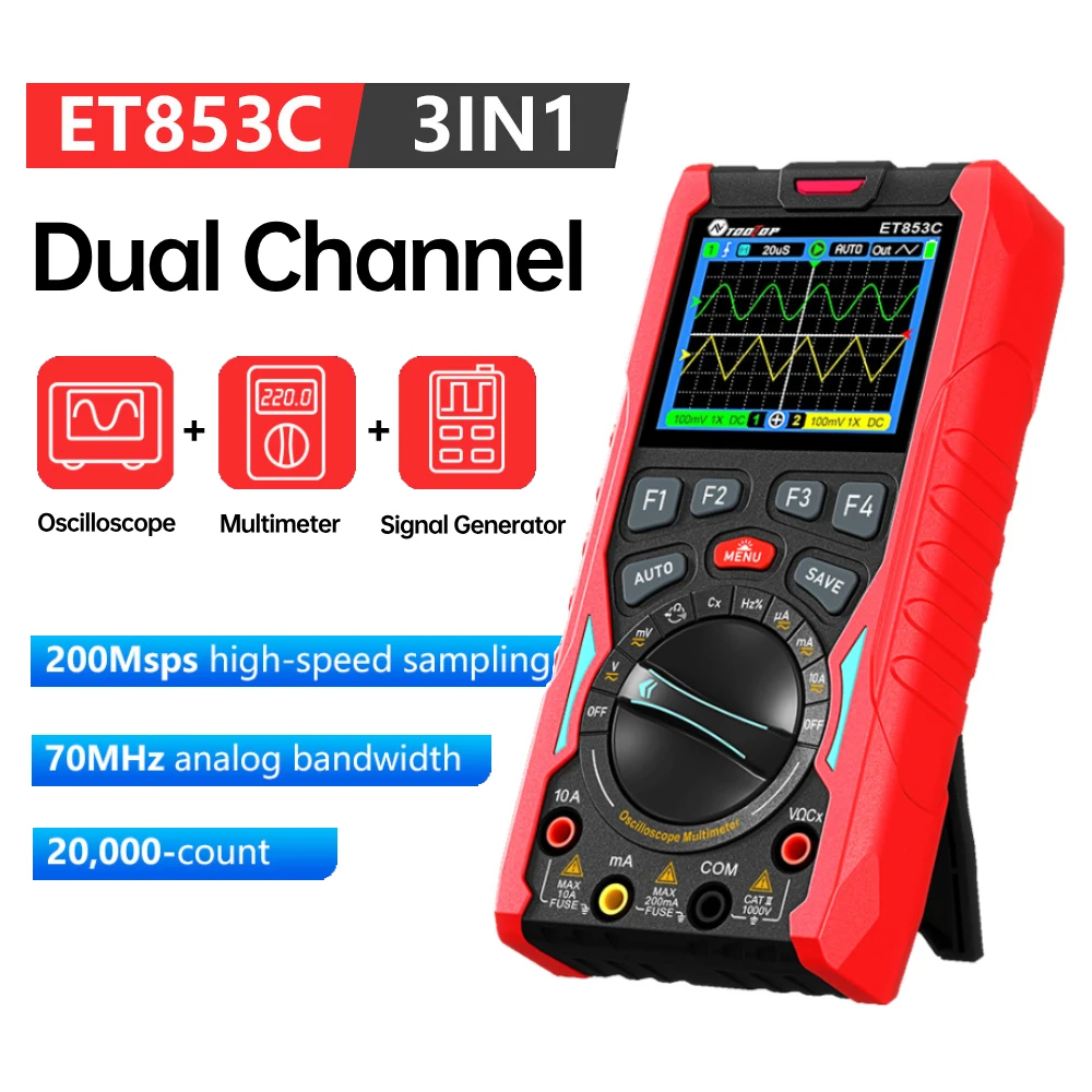 TOOLTOP ET853C 2CH Oscilloscope Multimeter Signal Generator 3in1 70MHz Bandwidth 20000 counts Automotive Oscilloscope electrician Tools