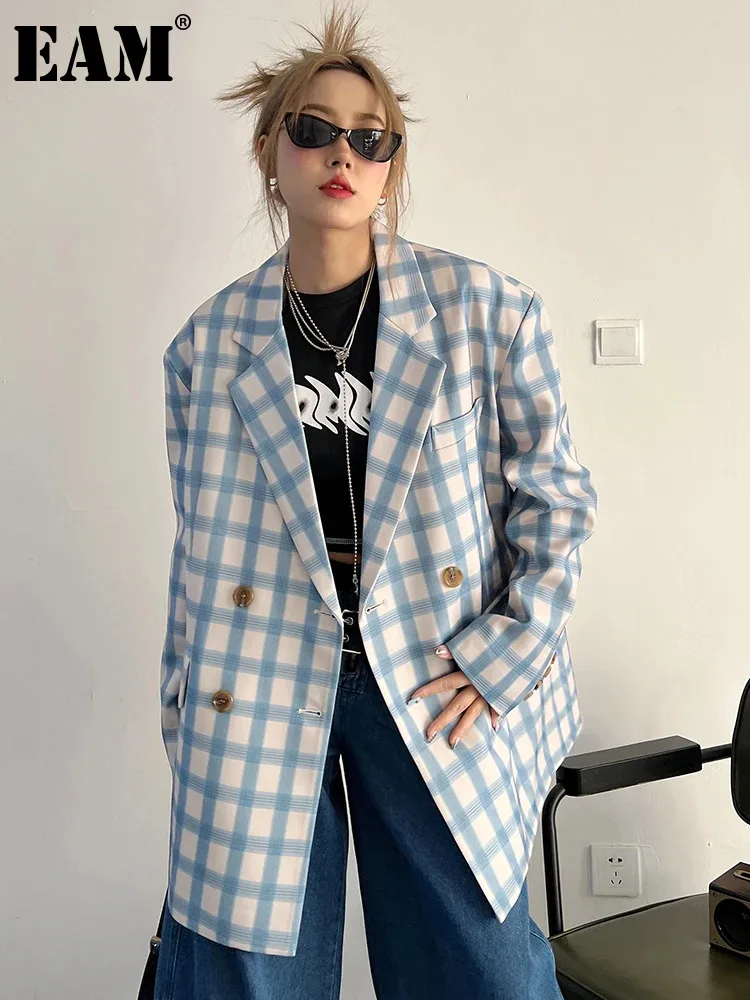 

[EAM] Women Blue Plaid Pockets Big Size Blazer New Lapel Long Sleeve Loose Fit Jacket Fashion Tide Spring Autumn 2024 1DF5681