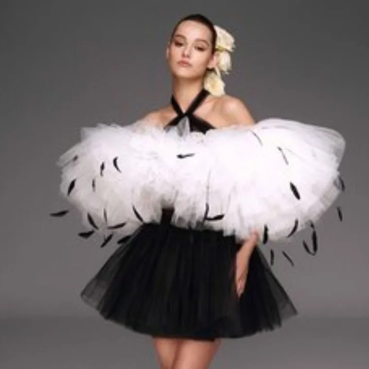 

Halter A-line Tulle Dress Mini Length Feathers Black & White Woman Clothes Ruffled Party Dresses Elegant Women Clothing