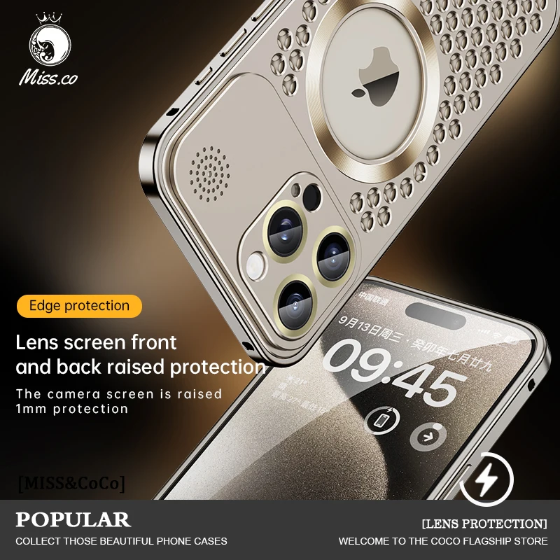 For iPhone 14 15 Pro Max 14 15 Plus Metal Heat Dissipation Magnetic Phone Case For Magsafe Wireless Charge Lens Film Phone Cover