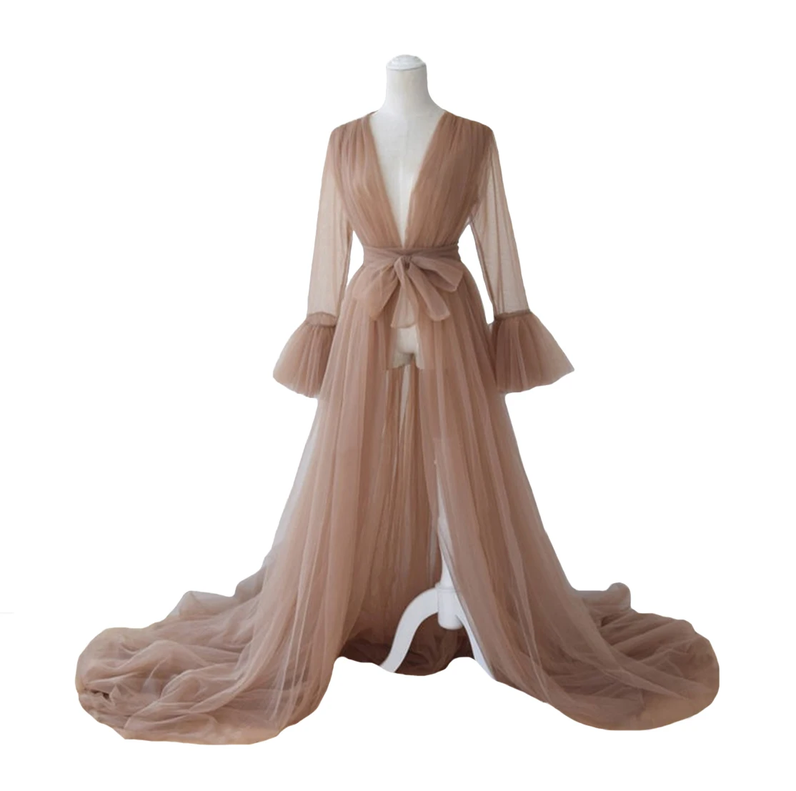 

2022 Brown Bridal Robe with Belt Tulle Long Sleeve Dressing Gown Wedding Bathrobes Women Boudoir Dress Sleepwear Nightgowns