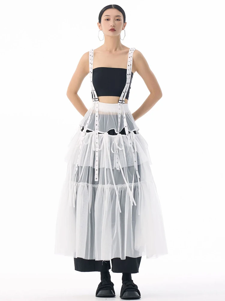 [EAM] High Elastic Waist Coffee Mesh Perspective Ribbon Strap Half-body Skirt Women Fashion Tide New Spring Autumn 2026 1DJ5044