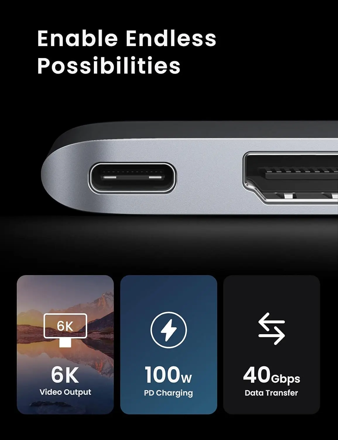 UGREEN 6 in 2 4K USB-C 허브 어댑터 (맥북 프로/M2/M1 2022/2016 USB 3.0 썬더볼트 3 100W PD SD/TF 카드 리더)