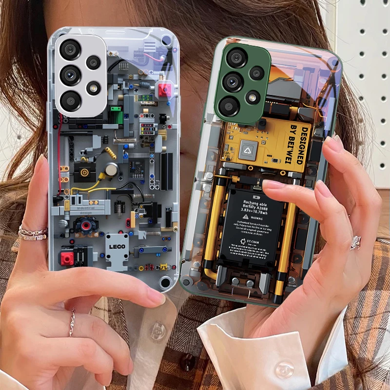 Luxury Black Mechanical Design Phone Case with Tempered Glass Cover