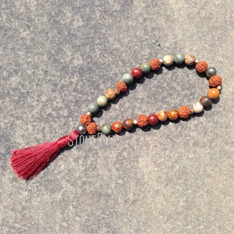 

WMB20901 Rudraksha Pyrite Clear Crystal Rose Quartz Aventurine Lapis Lazuli Picture Jasper Healing Stone Wrist Mala Bracelet