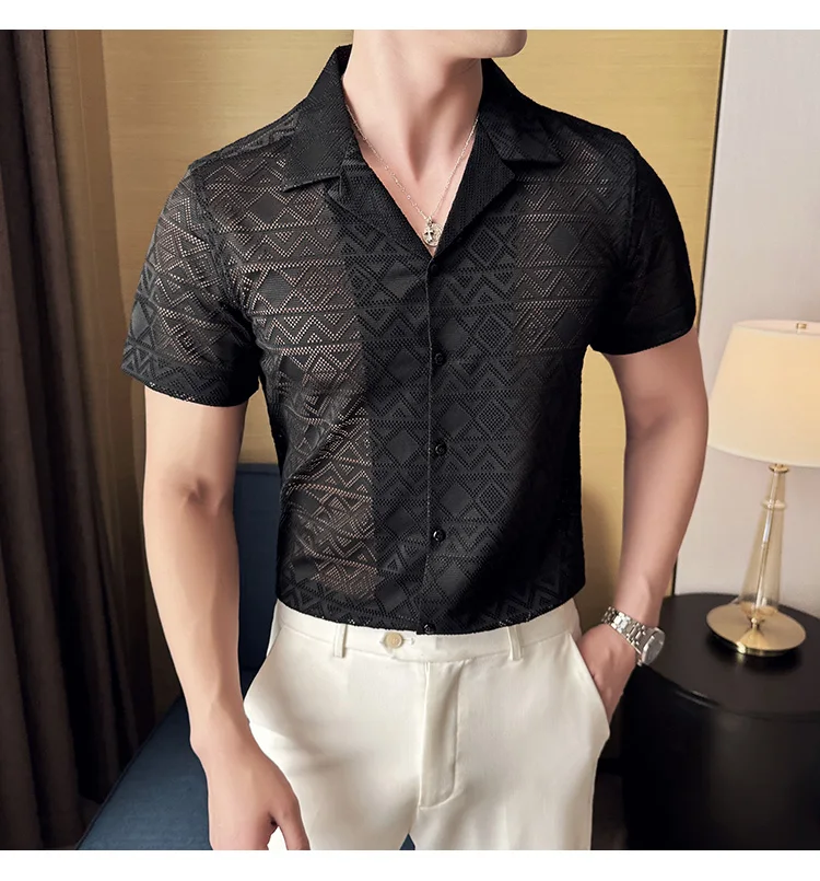 Spring/Summer Short Sleeved Shirt for Men Tailored Collar Lace Shirt Fashion Nightclub Social Party Tuxedo Blouse Streetwear