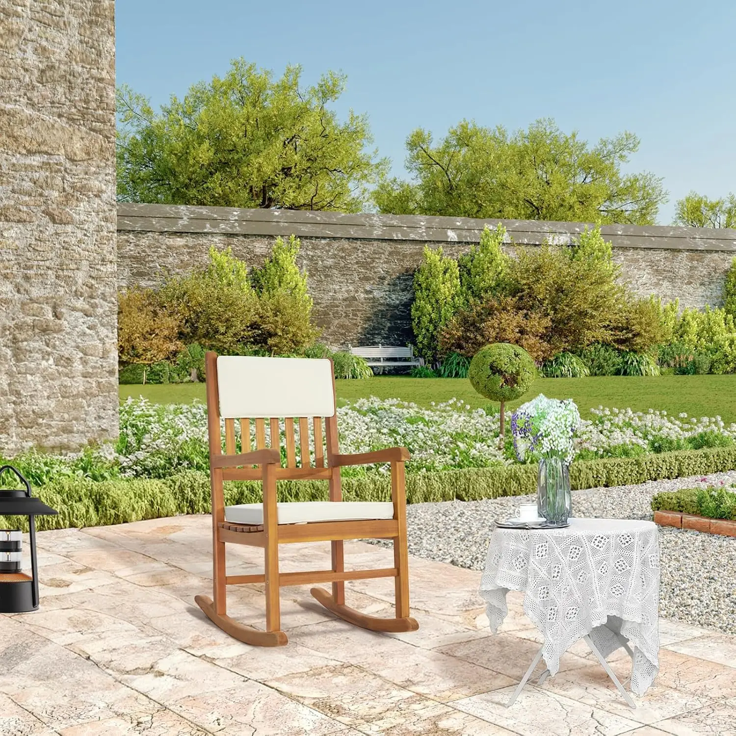 Outdoor Rocking Chair with Cushions, Wooden Rocker Support 550 LBS for Indoors & Outdoors, 1 Pack