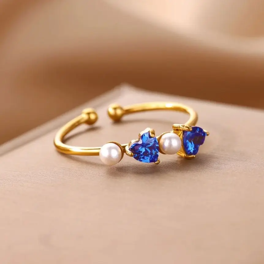 Green Zircon Double Heart Pearl Rings For Women