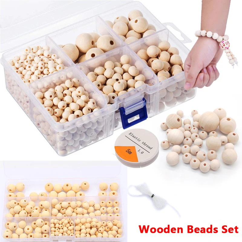 Wooden Beads Set Natural Round Wood Beads with Crystal Elastic Line for Jewelry Craft DIY embroidery kits beaded pearl charms