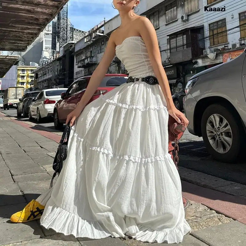 

KAAAZI Strapless Slim Crop Top Sexy Sleeveless Suit Women Loose Long Skirt A-line Summer New Two Piece Set Lace Patchwork