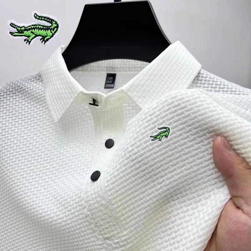 

High End Embroidered Silk Knitted Hollow Polo Shirt for Men's Summer Korean Fashion Business Casual Breathable Short Sleeved Top