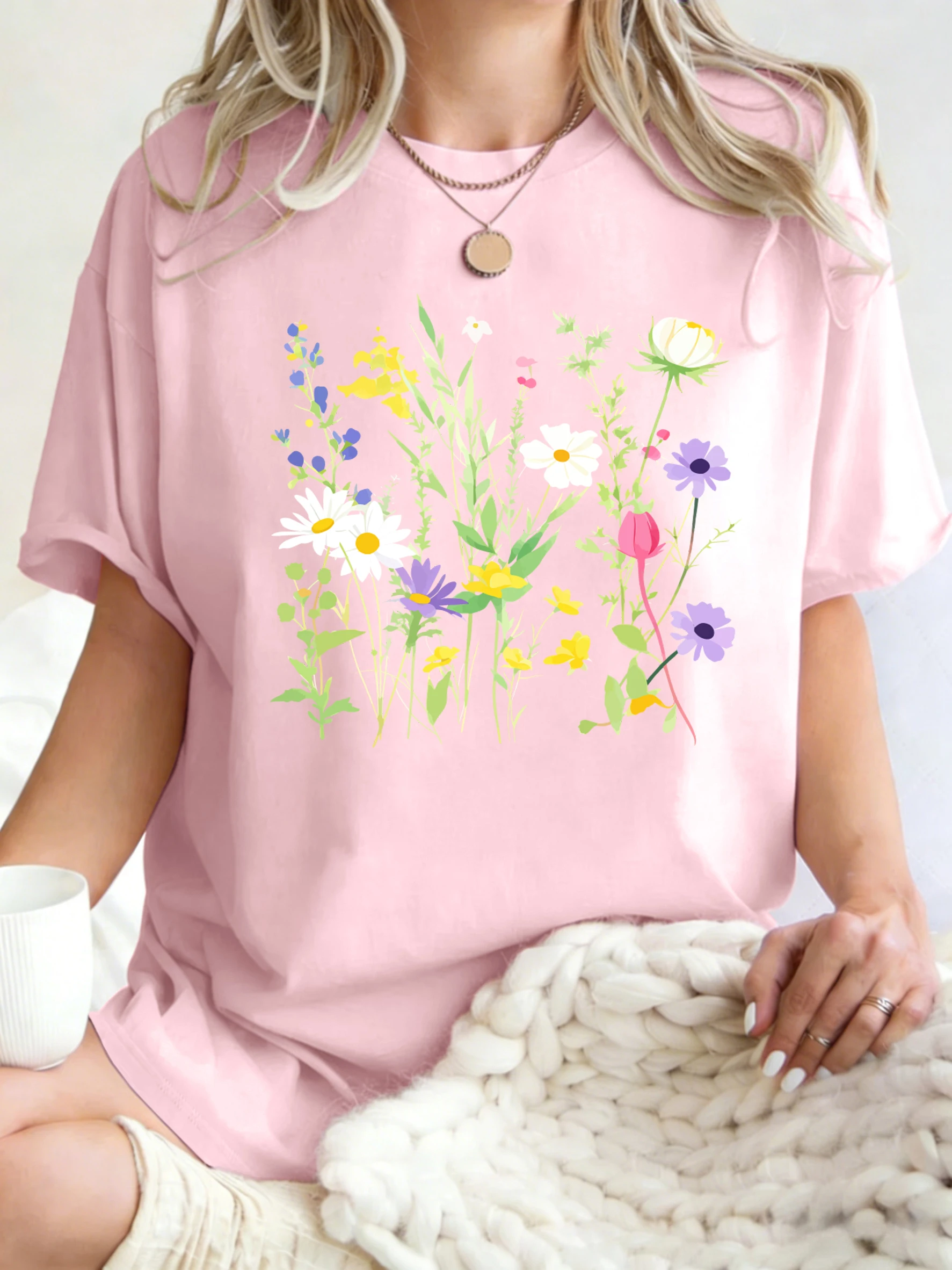 Verschiedene Blumen- und grüne Blätter-Prints Damen T-Shirts Lässige Sport-Tops Y2K Baumwoll-T-Shirt Sommer Oversized Kurzarm – Detail 25