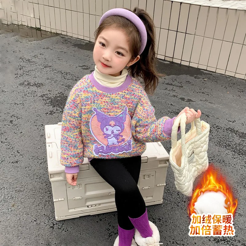 

Sanrio Kuromi Thickened Velvet Girls Sweaters Anime Figuret 23 Kids Knitted Bottoming Shirts Pullovers Winter Tops Girly Clothes