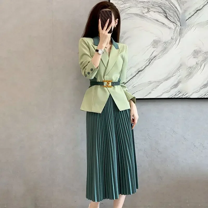 

UNXX Elegant Suit Pleated Midi Skirt Two-piece Spring Autumn Slim Blazer Skirt Set Korean Fashion Professional Skirt Suits Women