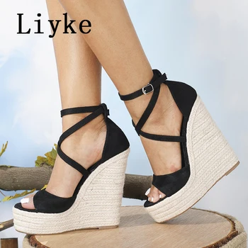 Liyke Size 35-42 Platform Wedge Sandals Sexy Fashion Thick Bottom Open Toe Buckle Strap Black High Heels Woman Shoes Summer 2026 1