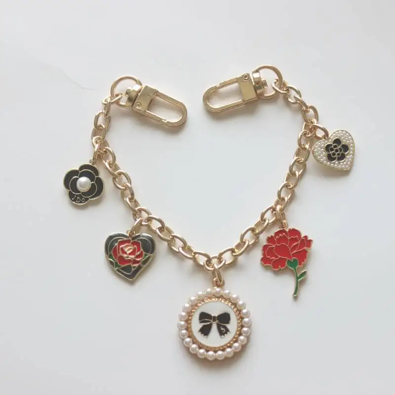 Golden luxury bag charm chain keychain for women flower heart shape Lock pendant decoration