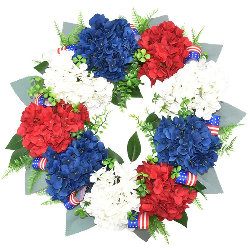 

BEAU-Artificial Hydrangea Wreath American Patriotic Independence Day Usa July 4Th Decoration For Front Door Wall Window Decor