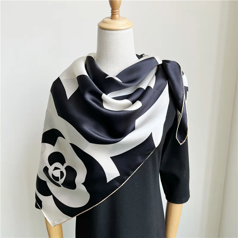 

2023 French Camellia Blossom 100% Silk Scarf Women's 110CM Square Spring Summer Large Size Scarf Real Mulberry Silk Scarf Shawls