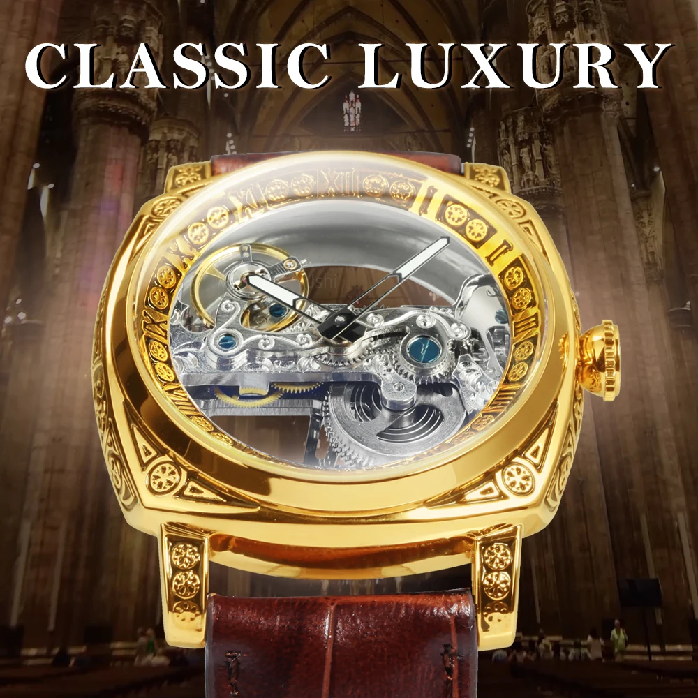 Fashion Square Skeleton Men Watch Vintage Gold Automatic Mechanical Watches Luxury Genuine Leather Band Carved Movement Luminous