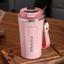 Stainless Steel Insulated Thermal Coffee Mug with Temperature Display - 510ML (Pink Portable Rope)