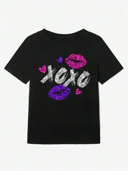 Xoxo Pink Purple Lips Print Oversized Women’s T-Shirt - Summer Casual Cotton Tee for Street Wear 2