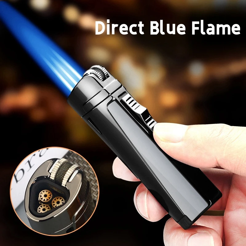 

New Blue Flame Metal Direct Punch Inflatable Lighters Strong Firepower Outdoor Windproof Camping Barbecue Turbo Gas Lighters