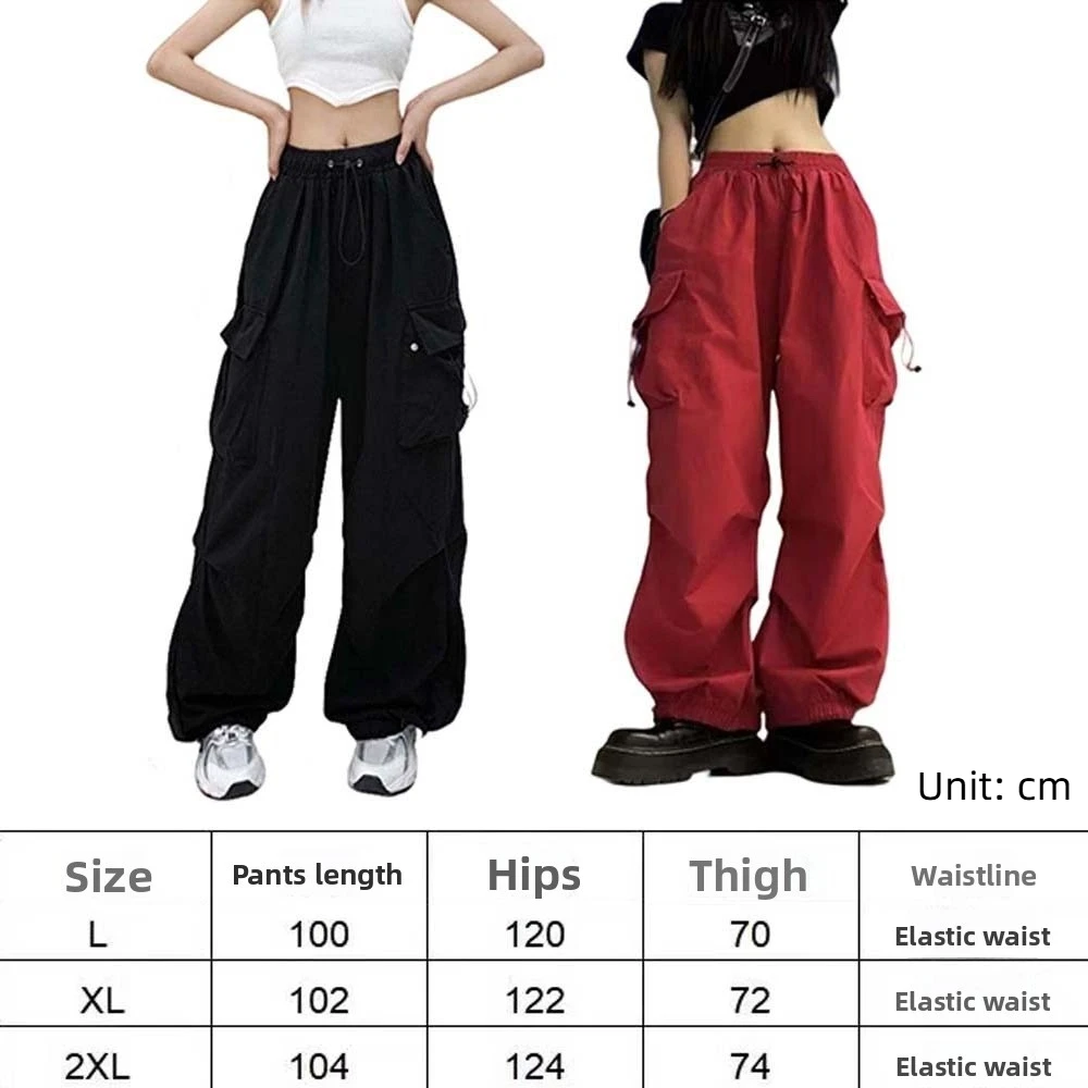 Elasticated Waist Women Drawstring Pants Long Trousers Hip Hop Wide Leg Pants Multi-pockets Black Red Women's Harem Pants