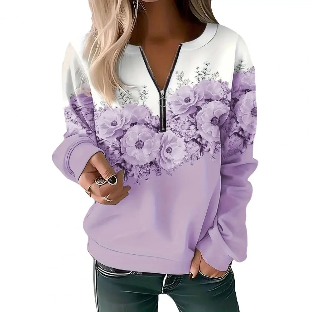 

Autumn Women Sweatshirt Zipper Flower Print Solid Color Round Neck Pullover Casual Long Sleeve Lady Top sudaderas de mujeres