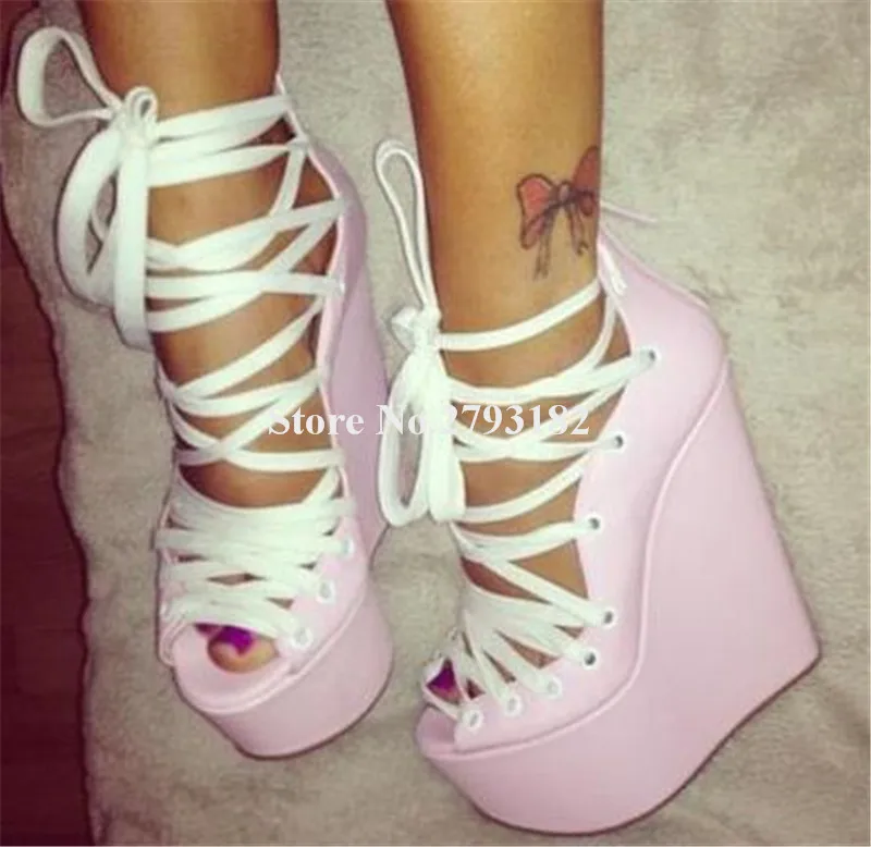 

Pink Wedge Sandals New Fashion Women Peep Toe Lace-up High Platform Wedges Charming Sexy Super High Heels Party Dress Shoes