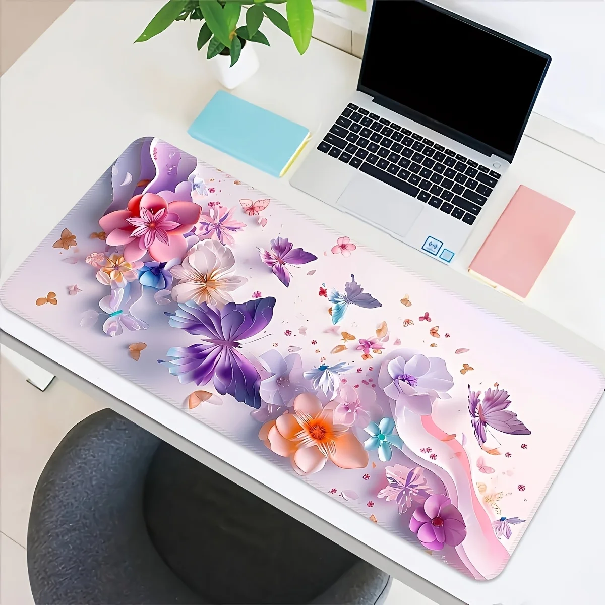 Non slip rubber base pink butterfly desk mat