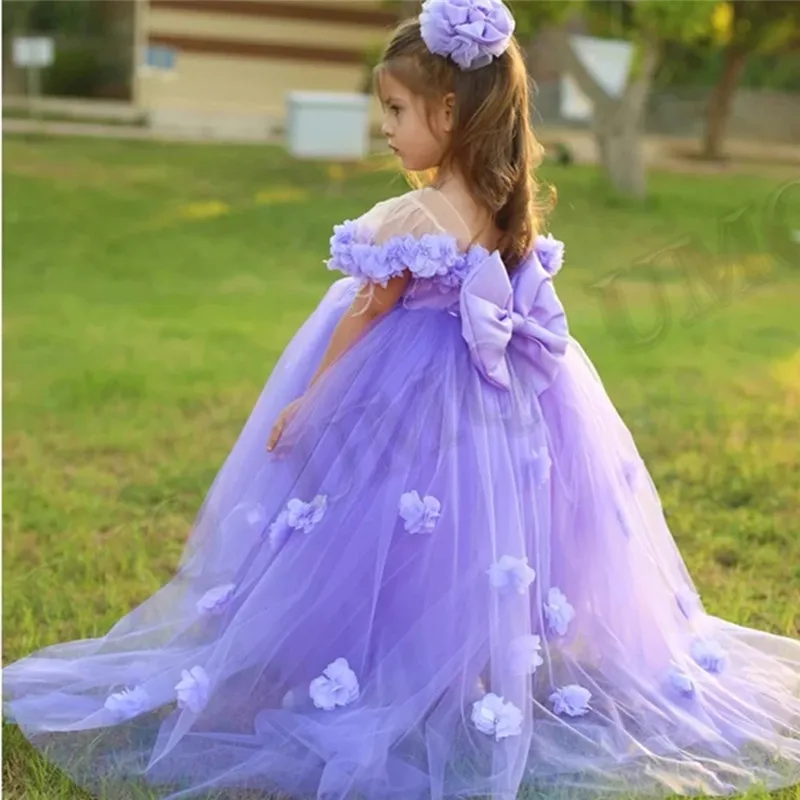 

Flower Girl Dresses Handmade Flowers Big Bow Sheer Neck Princess Birthday Party Gown Special Event Prom Dress