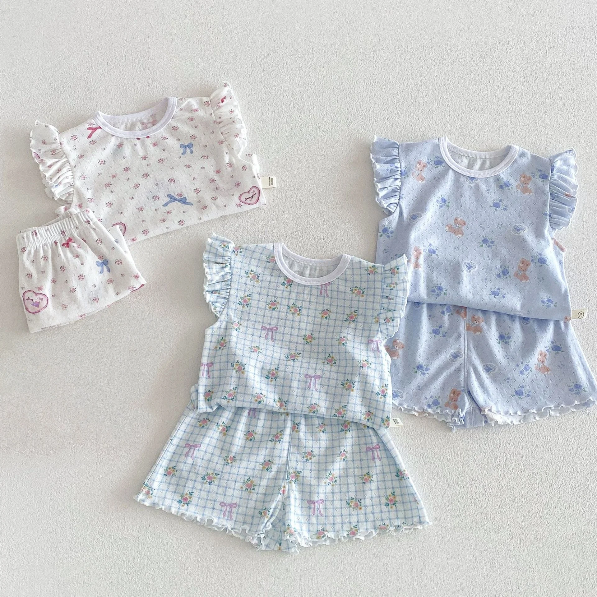 6M-5Y Summer Cute Kids Set Floral Flutter Sleeve Top+Ruffle Hem Shorts 2Pcs Clothing for Girls Breathable Soft Children Suit