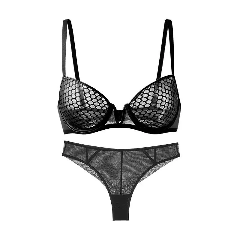 

French lace underwear sexy honeycomb pattern ultra-thin soft steel ring bra big chest show small plus size bra set women